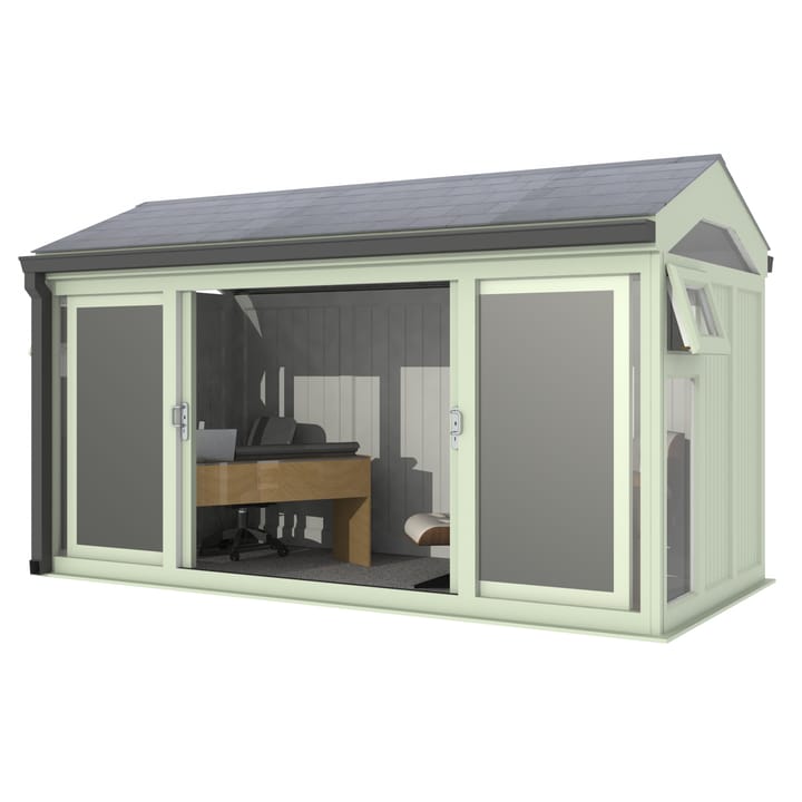 Nordic Greenwich Pavilion 4.2m x 2.1m Chartwell Green.

The Greenwich Pavilion features a side opening vent in each end of the building, a fully glazed front, transom windows in each end and a slate effect tiled roof.
