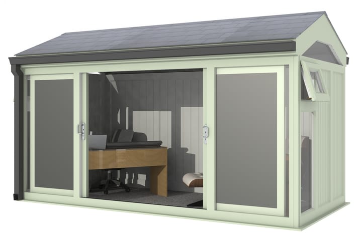 Nordic Greenwich Pavilion Ultimate Package 4.2m x 2.1m Chartwell Green.

The Greenwich Pavilion features a side opening vent in each end of the building, a fully glazed front, transom windows in each end and a slate effect tiled roof.