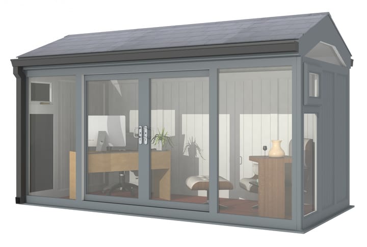 Nordic Greenwich Pavilion Ultimate Package 4.2m x 2.1m Grey.

The Greenwich Pavilion features a side opening vent in each end of the building, a fully glazed front, transom windows in each end and a slate effect tiled roof.