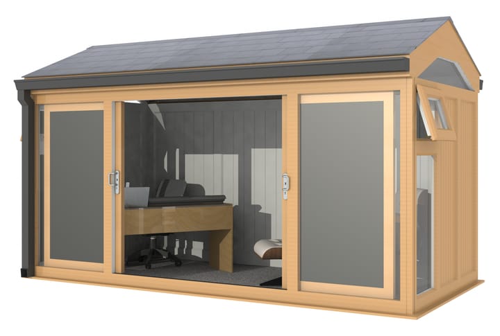 Nordic Greenwich Pavilion Ultimate Package 4.2m x 2.1m Irish Oak.

The Greenwich Pavilion features a side opening vent in each end of the building, a fully glazed front, transom windows in each end and a slate effect tiled roof.