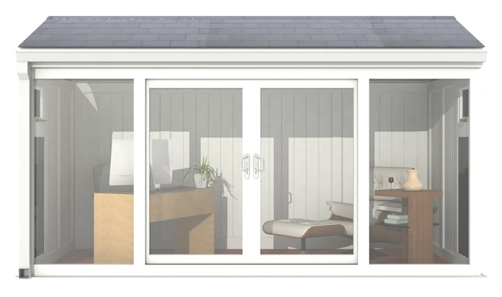 Nordic Greenwich Pavilion Ultimate Package 4.2m x 2.1m White.

The Greenwich Pavilion features a side opening vent in each end of the building, a fully glazed front, transom windows in each end and a slate effect tiled roof.