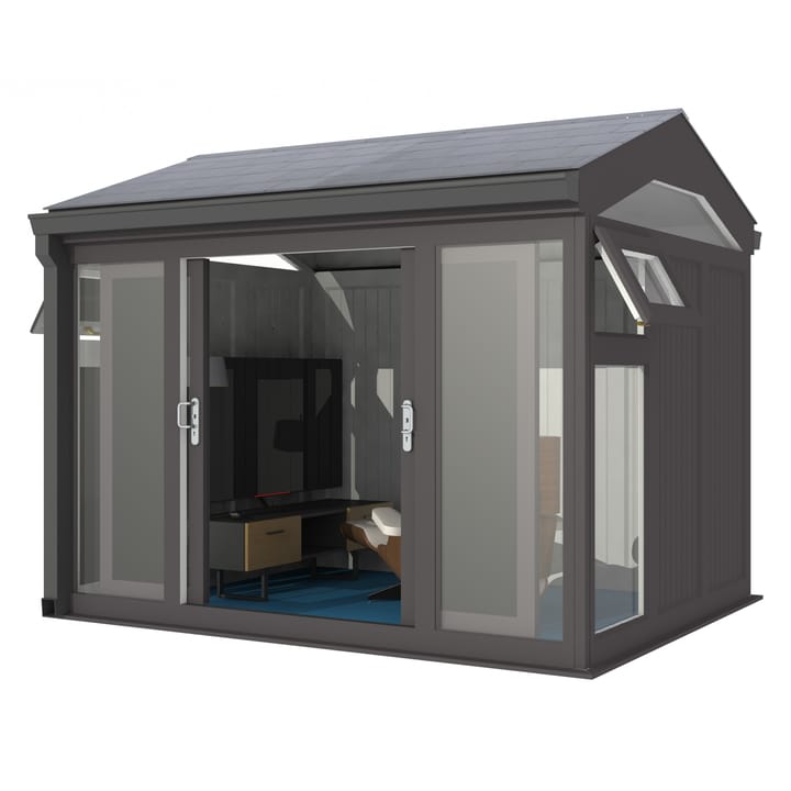 Nordic Greenwich Pavilion Ultimate Package 3m x 2.4m Black.

The Greenwich Pavilion features a side opening vent in each end of the building, a fully glazed front, transom windows in each end and a slate effect tiled roof.
 