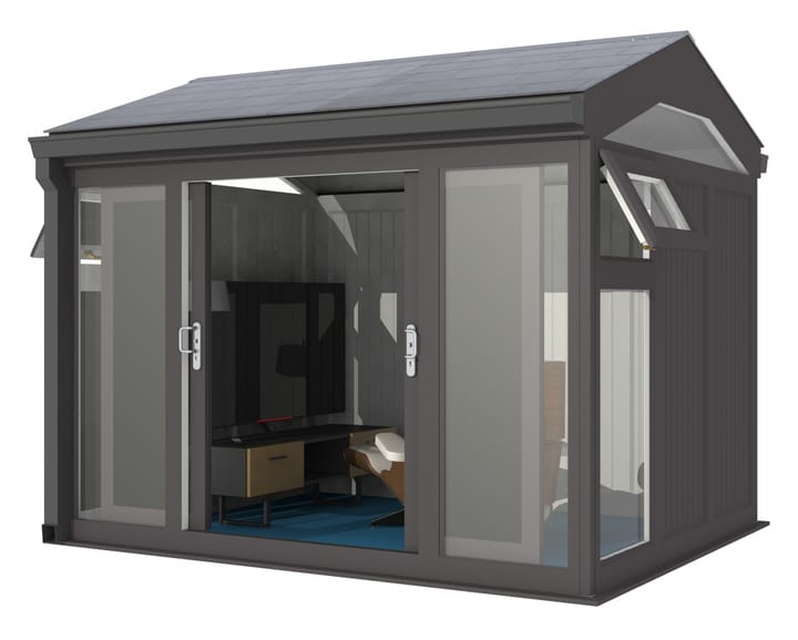 Nordic Greenwich Pavilion 3m x 2.4m Black.

The Greenwich Pavilion features a side opening vent in each end of the building, a fully glazed front, transom windows in each end and a slate effect tiled roof.
 