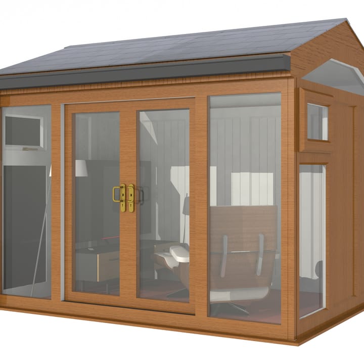 Nordic Greenwich Pavilion 3m x 2.4m Golden Oak.

The Greenwich Pavilion features a side opening vent in each end of the building, a fully glazed front, transom windows in each end and a slate effect tiled roof.