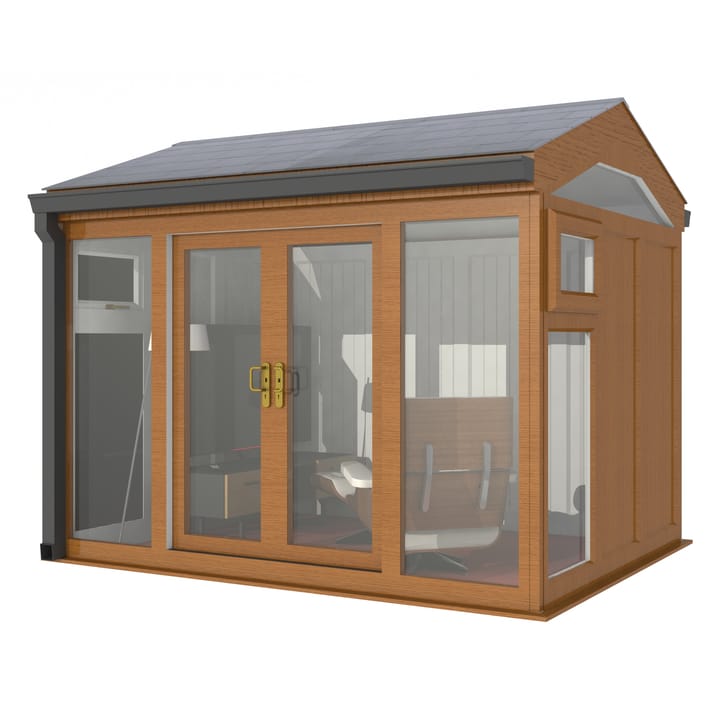 Nordic Greenwich Pavilion Ultimate Package 3m x 2.4m Golden Oak.

The Greenwich Pavilion features a side opening vent in each end of the building, a fully glazed front, transom windows in each end and a slate effect tiled roof.