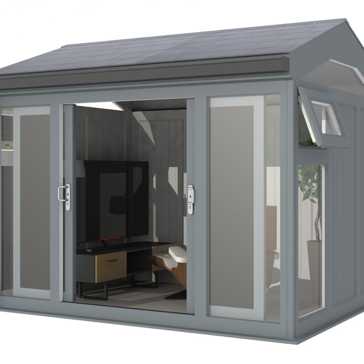 Nordic Greenwich Pavilion 3m x 2.4m Grey.

The Greenwich Pavilion features a side opening vent in each end of the building, a fully glazed front, transom windows in each end and a slate effect tiled roof.
