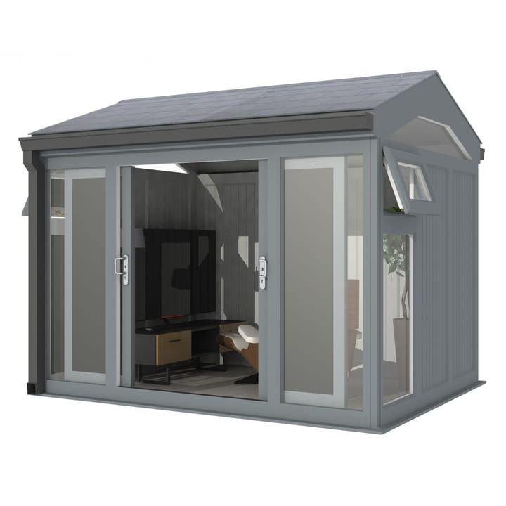 Nordic Greenwich Pavilion Ultimate Package 3m x 2.4m Grey.

The Greenwich Pavilion features a side opening vent in each end of the building, a fully glazed front, transom windows in each end and a slate effect tiled roof.