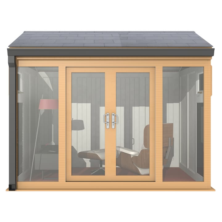 Nordic Greenwich Pavilion Ultimate Package 3m x 2.4m Irish Oak.

The Greenwich Pavilion features a side opening vent in each end of the building, a fully glazed front, transom windows in each end and a slate effect tiled roof.