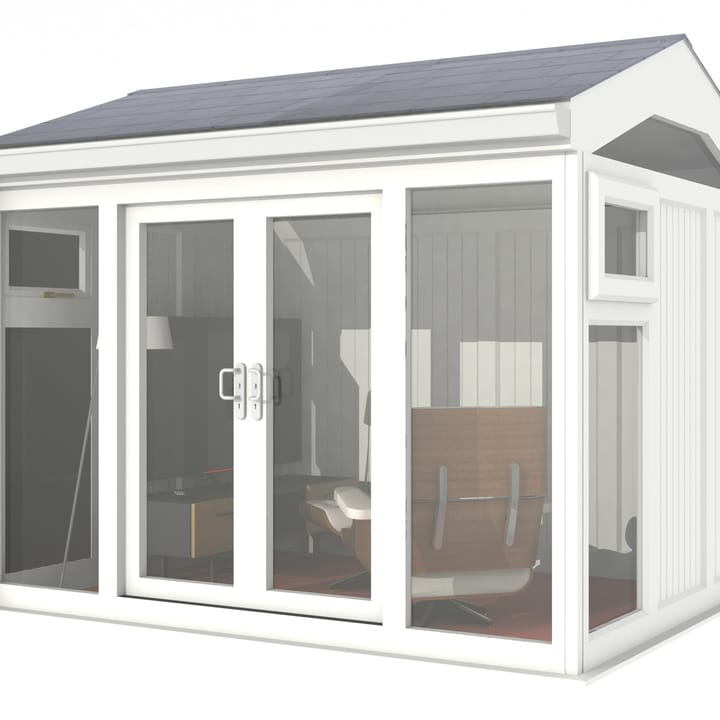 Nordic Greenwich Pavilion Ultimate Package 3m x 2.4m White.

The Greenwich Pavilion features a side opening vent in each end of the building, a fully glazed front, transom windows in each end and a slate effect tiled roof.
