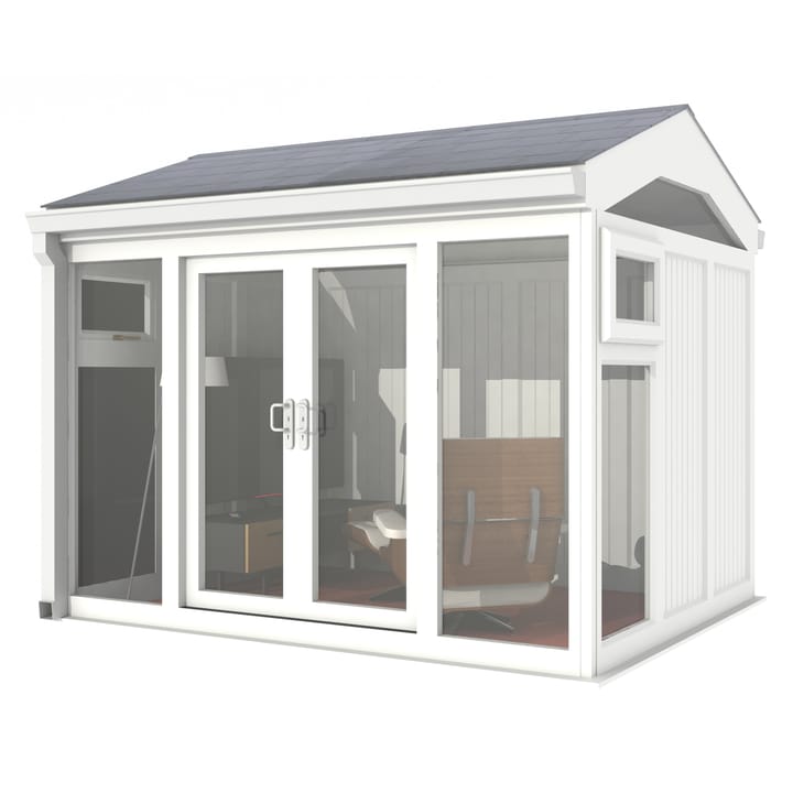 Nordic Greenwich Pavilion Ultimate Package 3m x 2.4m White.

The Greenwich Pavilion features a side opening vent in each end of the building, a fully glazed front, transom windows in each end and a slate effect tiled roof.