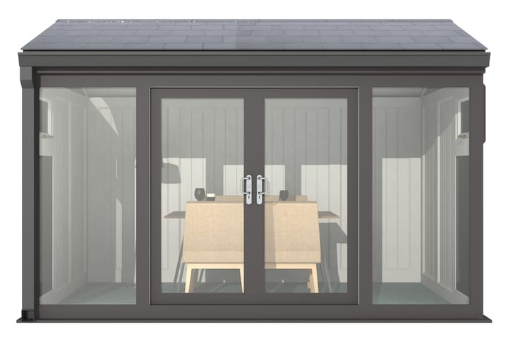 Nordic Greenwich Pavilion 3.6m x 2.4m Black.

The Greenwich Pavilion features a side opening vent in each end of the building, a fully glazed front, transom windows in each end and a slate effect tiled roof.
 