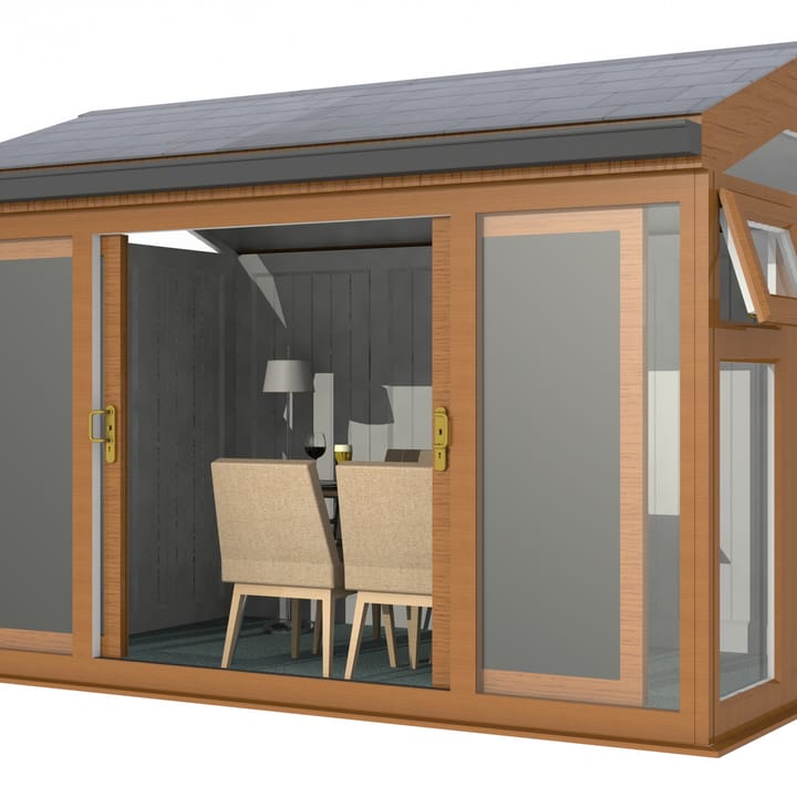 Nordic Greenwich Pavilion Ultimate Package 3.6m x 2.4m Golden Oak.

The Greenwich Pavilion features a side opening vent in each end of the building, a fully glazed front, transom windows in each end and a slate effect tiled roof.