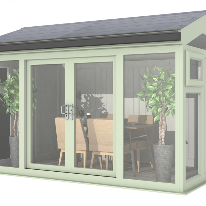 Nordic Greenwich Pavilion 3.6m x 2.4m Chartwell Green.

The Greenwich Pavilion features a side opening vent in each end of the building, a fully glazed front, transom windows in each end and a slate effect tiled roof.
