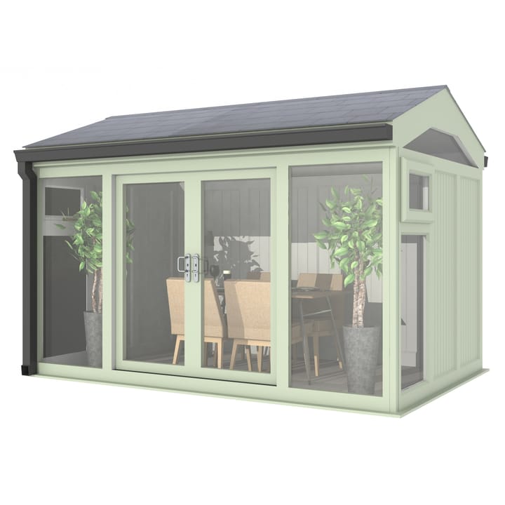 Nordic Greenwich Pavilion 3.6m x 2.4m Chartwell Green.

The Greenwich Pavilion features a side opening vent in each end of the building, a fully glazed front, transom windows in each end and a slate effect tiled roof.