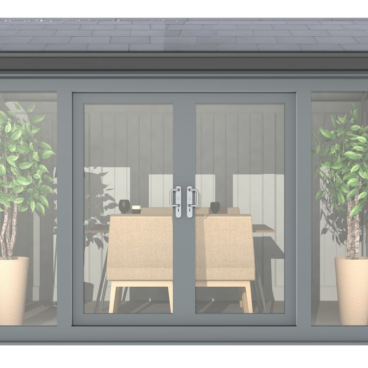 Nordic Greenwich Pavilion Ultimate Package 3.6m x 2.4m Grey.

The Greenwich Pavilion features a side opening vent in each end of the building, a fully glazed front, transom windows in each end and a slate effect tiled roof.