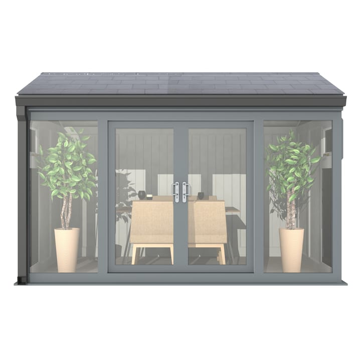 Nordic Greenwich Pavilion 3.6m x 2.4m Grey.

The Greenwich Pavilion features a side opening vent in each end of the building, a fully glazed front, transom windows in each end and a slate effect tiled roof.