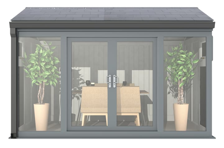 Nordic Greenwich Pavilion 3.6m x 2.4m Grey.

The Greenwich Pavilion features a side opening vent in each end of the building, a fully glazed front, transom windows in each end and a slate effect tiled roof.