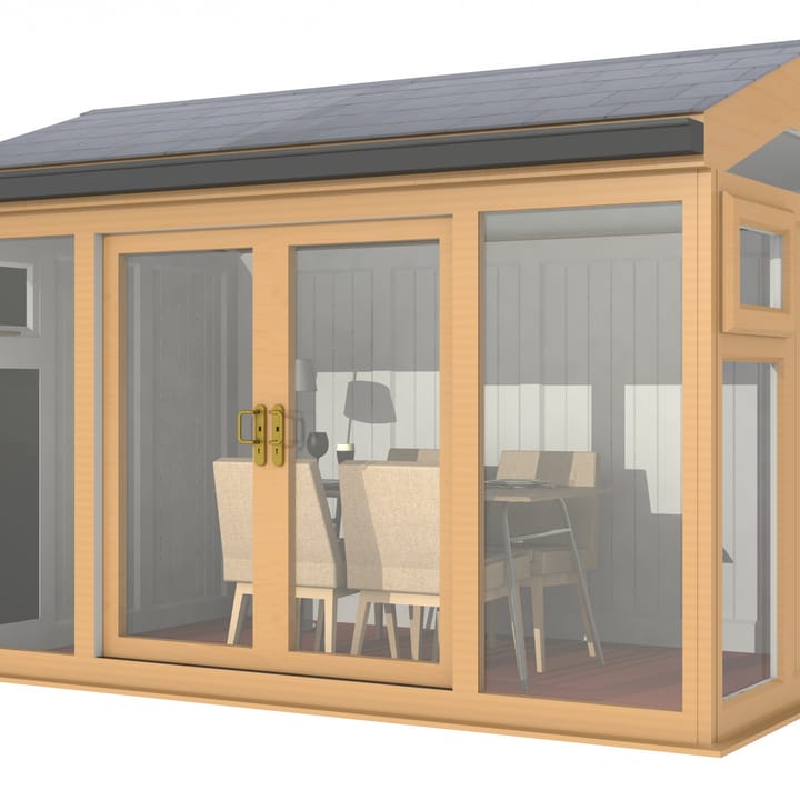 Nordic Greenwich Pavilion 3.6m x 2.4m Irish Oak.

The Greenwich Pavilion features a side opening vent in each end of the building, a fully glazed front, transom windows in each end and a slate effect tiled roof.