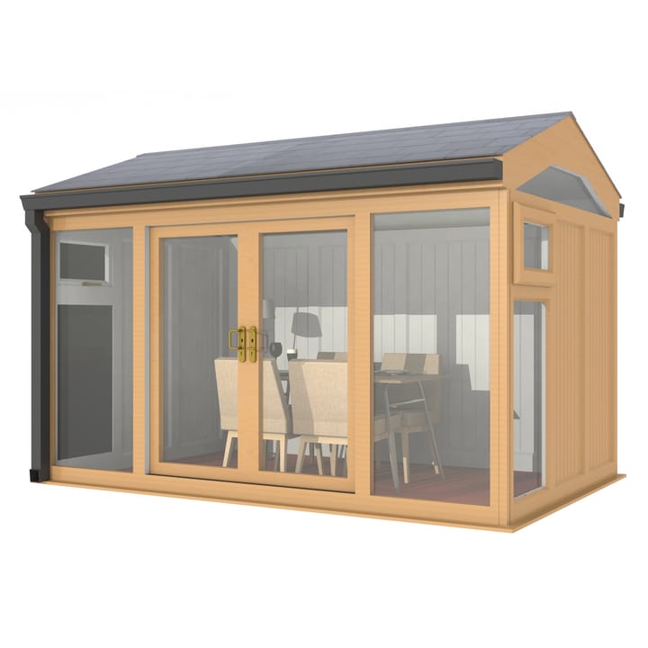 Nordic Greenwich Pavilion Ultimate Package 3.6m x 2.4m Irish Oak.

The Greenwich Pavilion features a side opening vent in each end of the building, a fully glazed front, transom windows in each end and a slate effect tiled roof.