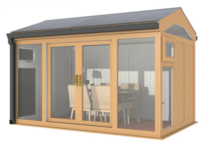 Nordic Greenwich Pavilion 3.6m x 2.4m Irish Oak.

The Greenwich Pavilion features a side opening vent in each end of the building, a fully glazed front, transom windows in each end and a slate effect tiled roof.