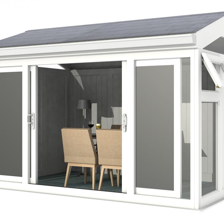 Nordic Greenwich Pavilion 3.6m x 2.4m White.

The Greenwich Pavilion features a side opening vent in each end of the building, a fully glazed front, transom windows in each end and a slate effect tiled roof.