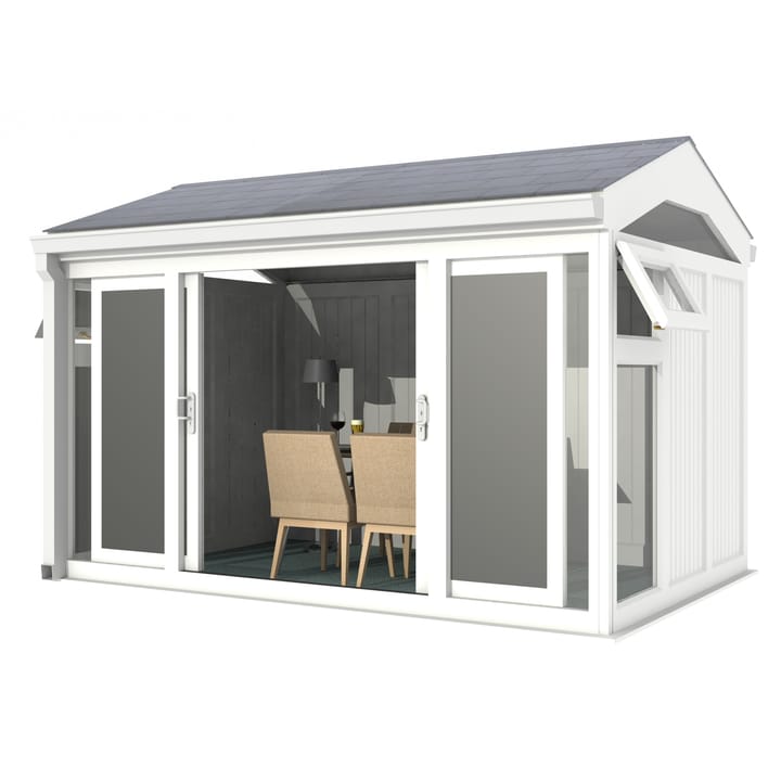 Nordic Greenwich Pavilion Ultimate Package 3.6m x 2.4m White.

The Greenwich Pavilion features a side opening vent in each end of the building, a fully glazed front, transom windows in each end and a slate effect tiled roof.