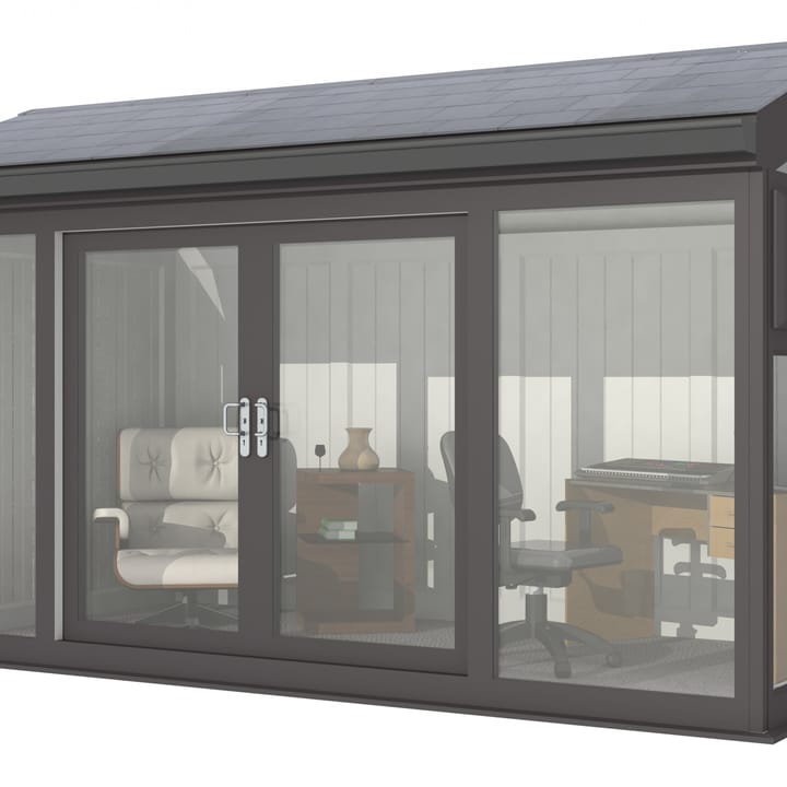 Nordic Greenwich Pavilion Ultimate Package 4.2m x 2.4m Black.

The Greenwich Pavilion features a side opening vent in each end of the building, a fully glazed front, transom windows in each end and a slate effect tiled roof.
 