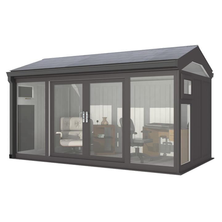 Nordic Greenwich Pavilion Ultimate Package 4.2m x 2.4m Black.

The Greenwich Pavilion features a side opening vent in each end of the building, a fully glazed front, transom windows in each end and a slate effect tiled roof.
 