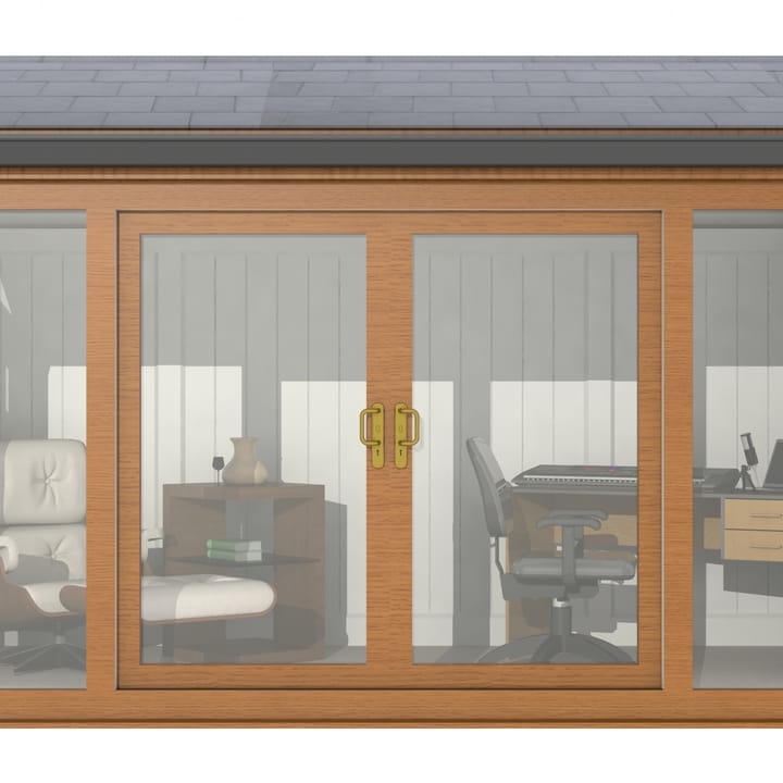 Nordic Greenwich Pavilion Ultimate Package 4.2m x 2.4m Golden Oak.

The Greenwich Pavilion features a side opening vent in each end of the building, a fully glazed front, transom windows in each end and a slate effect tiled roof.
