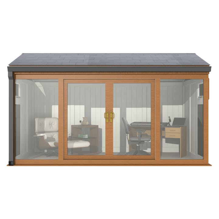 Nordic Greenwich Pavilion 4.2m x 2.4m Golden Oak.

The Greenwich Pavilion features a side opening vent in each end of the building, a fully glazed front, transom windows in each end and a slate effect tiled roof.