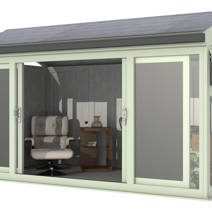 Nordic Greenwich Pavilion 4.2m x 2.4m Chartwell Green.

The Greenwich Pavilion features a side opening vent in each end of the building, a fully glazed front, transom windows in each end and a slate effect tiled roof.