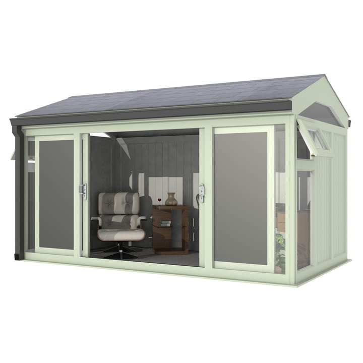 Nordic Greenwich Pavilion Ultimate Package 4.2m x 2.4m Chartwell Green.

The Greenwich Pavilion features a side opening vent in each end of the building, a fully glazed front, transom windows in each end and a slate effect tiled roof.