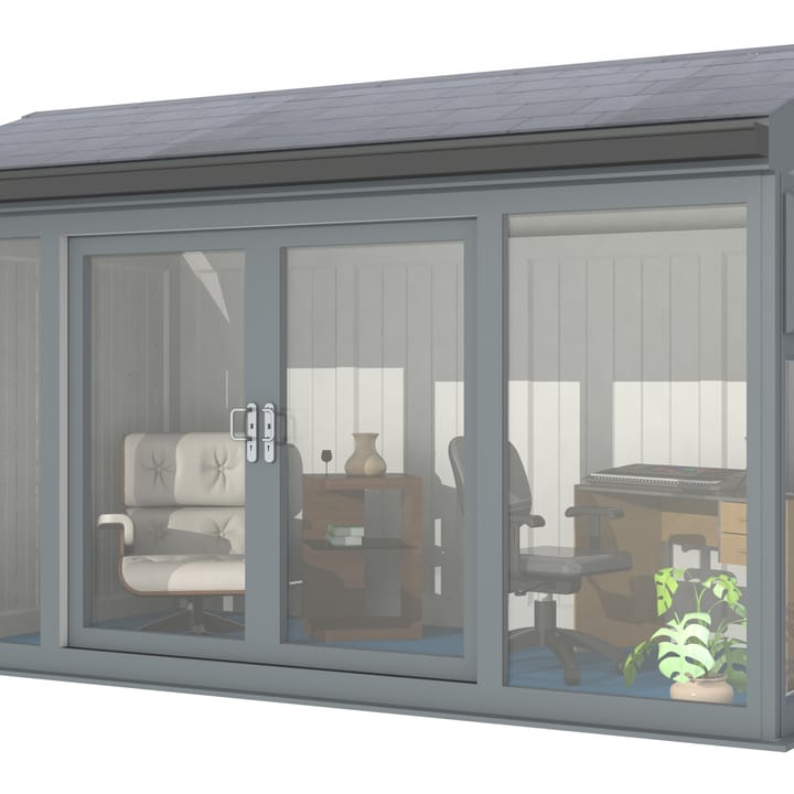 Nordic Greenwich Pavilion Ultimate Package 4.2m x 2.4m Grey.

The Greenwich Pavilion features a side opening vent in each end of the building, a fully glazed front, transom windows in each end and a slate effect tiled roof.