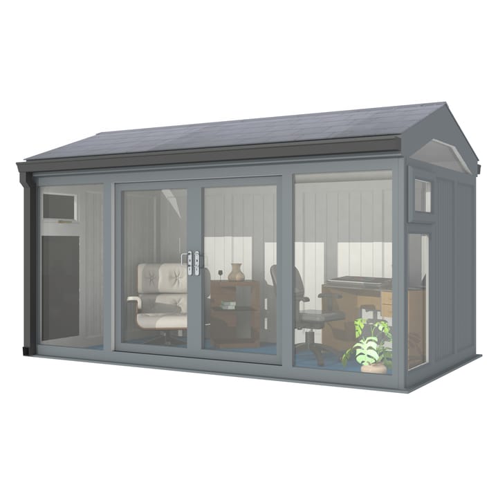 Nordic Greenwich Pavilion Ultimate Package 4.2m x 2.4m Grey.

The Greenwich Pavilion features a side opening vent in each end of the building, a fully glazed front, transom windows in each end and a slate effect tiled roof.