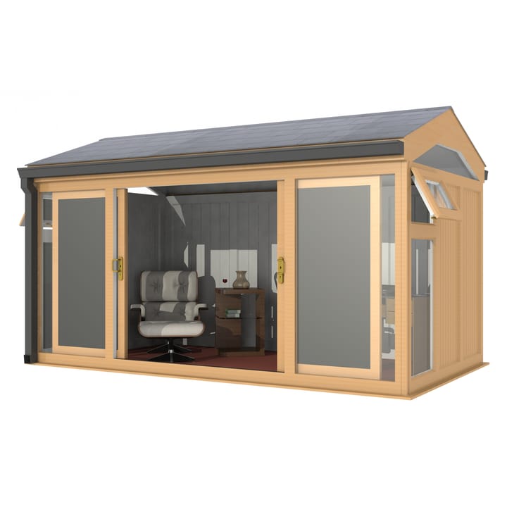 Nordic Greenwich Pavilion Ultimate Package 4.2m x 2.4m Irish Oak.

The Greenwich Pavilion features a side opening vent in each end of the building, a fully glazed front, transom windows in each end and a slate effect tiled roof.