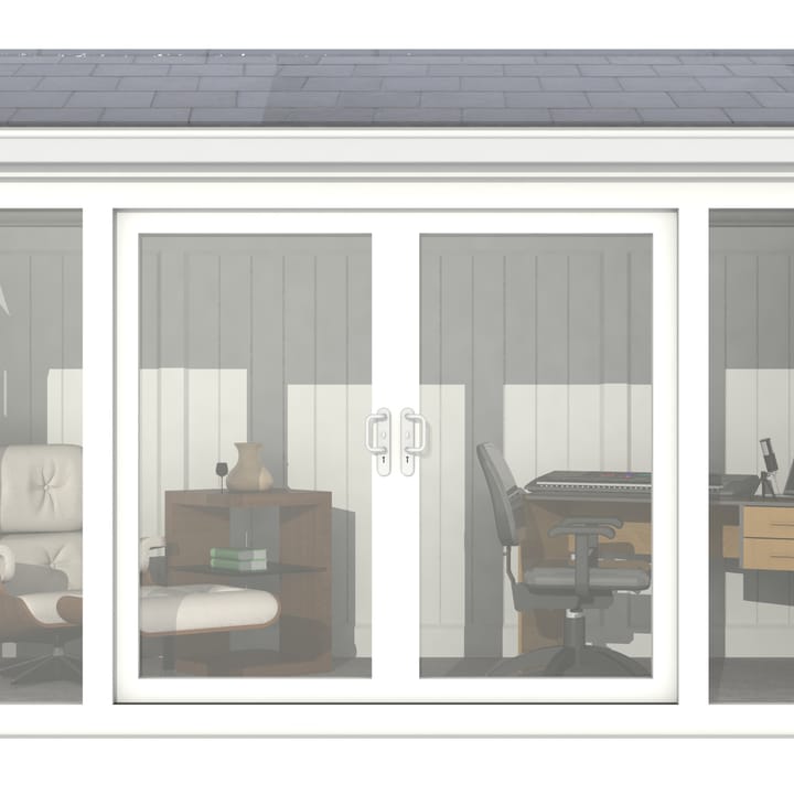 Nordic Greenwich Pavilion Ultimate Package 4.2m x 2.4m White.

The Greenwich Pavilion features a side opening vent in each end of the building, a fully glazed front, transom windows in each end and a slate effect tiled roof.