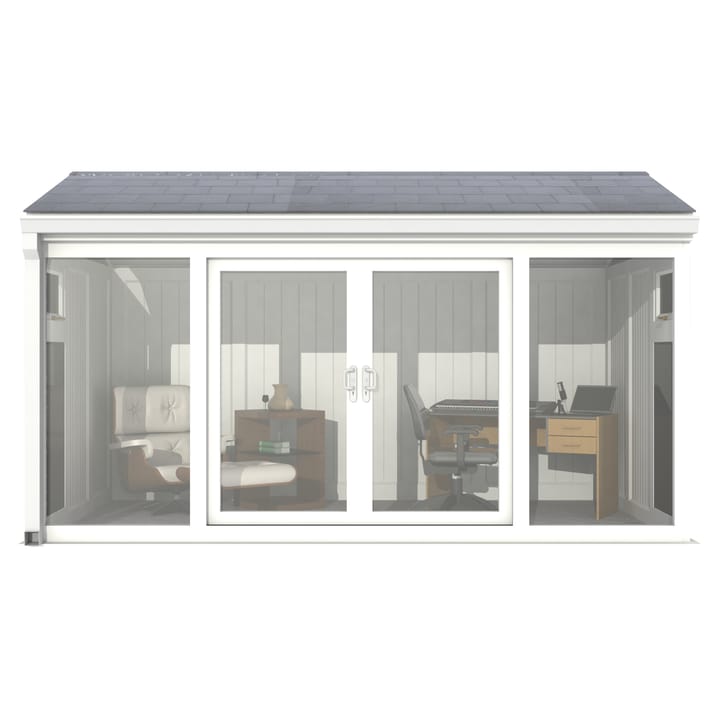 Nordic Greenwich Pavilion Ultimate Package 4.2m x 2.4m White.

The Greenwich Pavilion features a side opening vent in each end of the building, a fully glazed front, transom windows in each end and a slate effect tiled roof.