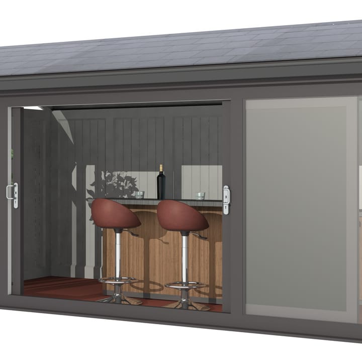 Nordic Greenwich Pavilion 4.8m x 2.4m Black.

The Greenwich Pavilion features a side opening vent in each end of the building, a fully glazed front, transom windows in each end and a slate effect tiled roof.
 