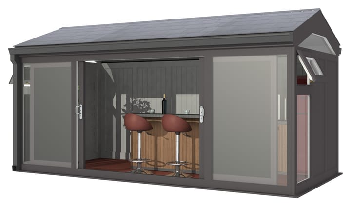 Nordic Greenwich Pavilion 4.8m x 2.4m Black.

The Greenwich Pavilion features a side opening vent in each end of the building, a fully glazed front, transom windows in each end and a slate effect tiled roof.
 