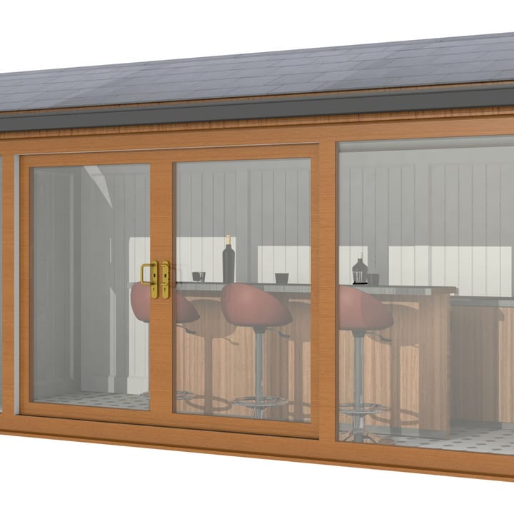 Nordic Greenwich Pavilion Ultimate Package 4.8m x 2.4m Golden Oak.

The Greenwich Pavilion features a side opening vent in each end of the building, a fully glazed front, transom windows in each end and a slate effect tiled roof.