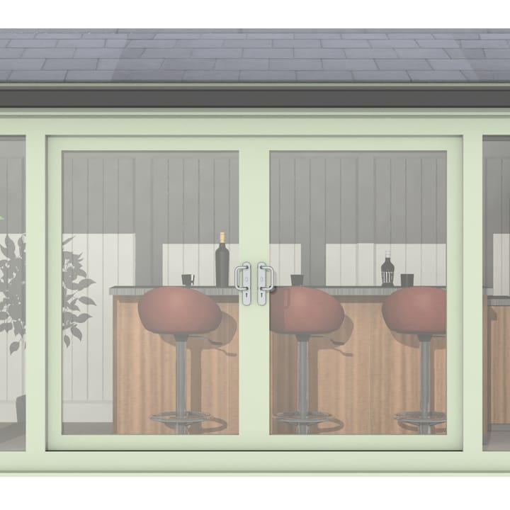Nordic Greenwich Pavilion 4.8m x 2.4m Chartwell Green.

The Greenwich Pavilion features a side opening vent in each end of the building, a fully glazed front, transom windows in each end and a slate effect tiled roof.