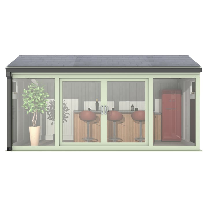 Nordic Greenwich Pavilion Ultimate Package 4.8m x 2.4m Chartwell Green.

The Greenwich Pavilion features a side opening vent in each end of the building, a fully glazed front, transom windows in each end and a slate effect tiled roof.