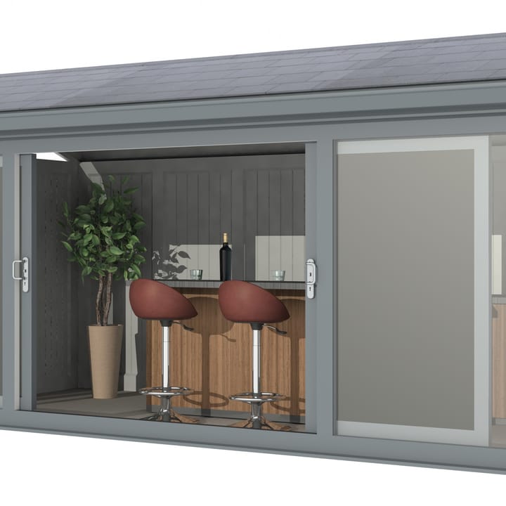 Nordic Greenwich Pavilion Ultimate Package 4.8m x 2.4m Grey.

The Greenwich Pavilion features a side opening vent in each end of the building, a fully glazed front, transom windows in each end and a slate effect tiled roof.