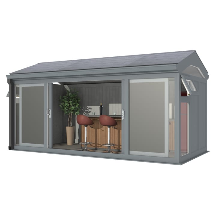 Nordic Greenwich Pavilion Ultimate Package 4.8m x 2.4m Grey.

The Greenwich Pavilion features a side opening vent in each end of the building, a fully glazed front, transom windows in each end and a slate effect tiled roof.