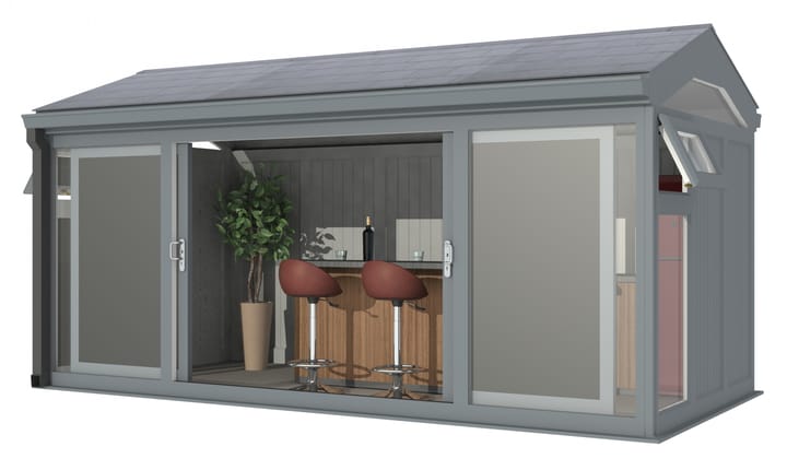 Nordic Greenwich Pavilion 4.8m x 2.4m Grey.

The Greenwich Pavilion features a side opening vent in each end of the building, a fully glazed front, transom windows in each end and a slate effect tiled roof.
