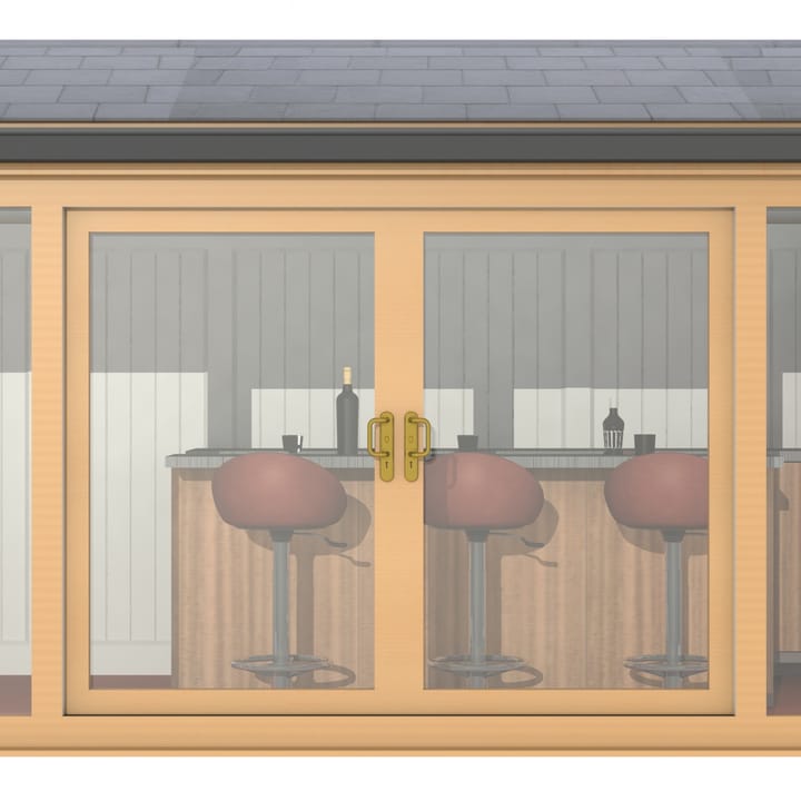 Nordic Greenwich Pavilion Ultimate Package 4.8m x 2.4m Irish Oak.

The Greenwich Pavilion features a side opening vent in each end of the building, a fully glazed front, transom windows in each end and a slate effect tiled roof.