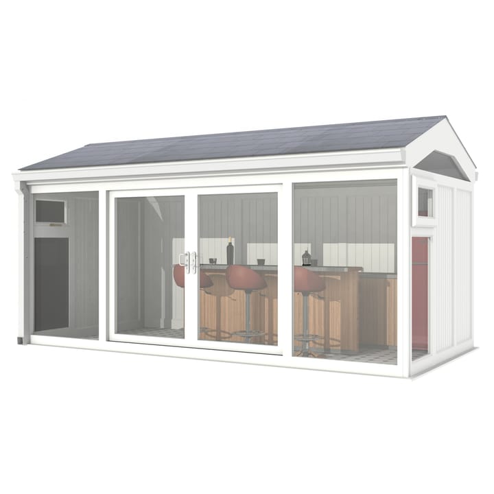 Nordic Greenwich Pavilion Ultimate Package 4.8m x 2.4m White.

The Greenwich Pavilion features a side opening vent in each end of the building, a fully glazed front, transom windows in each end and a slate effect tiled roof.
