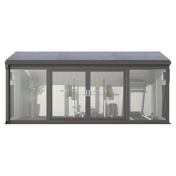 Nordic Greenwich Pavilion Ultimate Package 5.4m x 2.4m Black.

The Greenwich Pavilion features a side opening vent in each end of the building, a fully glazed front, transom windows in each end and a slate effect tiled roof.
 