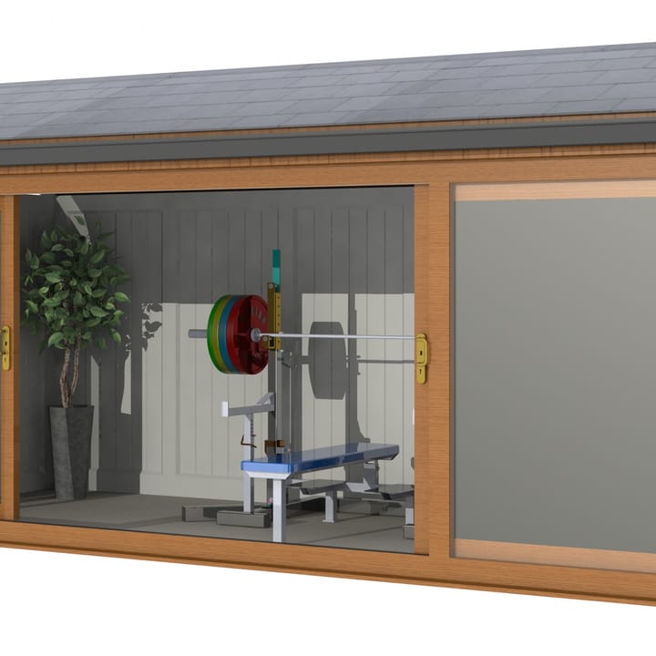 Nordic Greenwich Pavilion Ultimate Package 5.4m x 2.4m Golden Oak.

The Greenwich Pavilion features a side opening vent in each end of the building, a fully glazed front, transom windows in each end and a slate effect tiled roof.