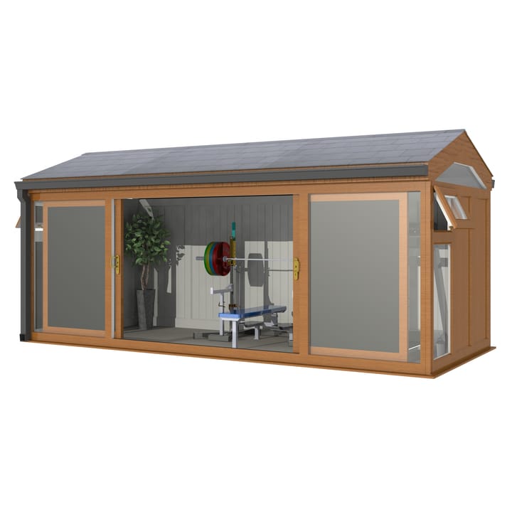 Nordic Greenwich Pavilion Ultimate Package 5.4m x 2.4m Golden Oak.

The Greenwich Pavilion features a side opening vent in each end of the building, a fully glazed front, transom windows in each end and a slate effect tiled roof.